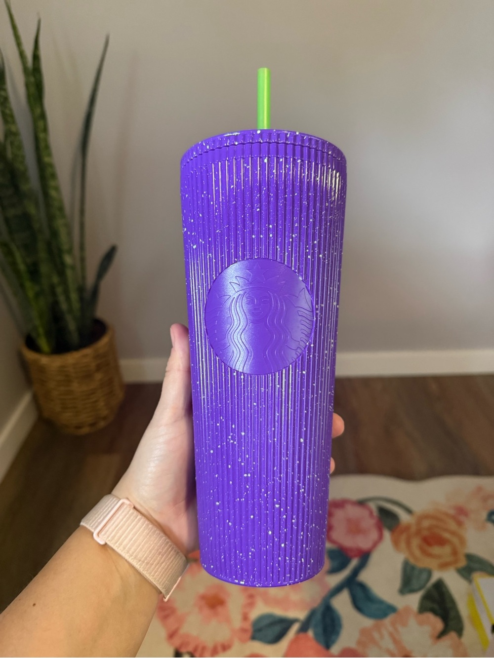 NWOT Starbucks 24 oz Purple Tumbler with Lime Green Straw- glow in the dark!